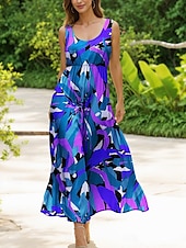 preiswerte Streifen- und geometrische Kleider-Damen Midikleid Freizeitkleid Sommerkleid A Linie Kleid Schulterfreies Kleid Urlaub Lässig Normale Passform Grafik Geometrisch Abstrakt Ärmellos U-Ausschnitt Rundausschnitt Rote Blau Purpur Grün