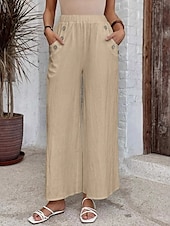 economico Pantaloni in lino e cotone semplici-Pantaloni chinos baggy a gamba larga da donna in tinta unita stile etnico basic casual lunghezza intera vita alta tinta unita tasca vita elastica comfort outdoor micro-elastici vacanza street