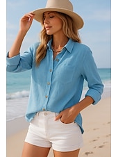 abordables Chemises-Femmes Boutonner Chemise en coton et lin Uni Basique Moderne manche longue Col de chemise Hauts Réguliers Quotidien Boutons Blanche Bleu Été