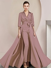 billige Mammas jumpsuits-To-delt jumpsuit/buksedress mor til bruden formell bryllupsgjest elegant skjortekrage ankel lengde sateng halv erme med sløyfe(r) gratis tilpasset størrelse
