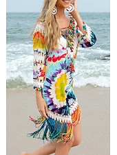 cheap Beach Dresses-Women&#039;s Swimwear Cover Up Swimsuit Fringe Hem Tropical Beach Wear Flower V Wire Long Sleeve Bathing Suits