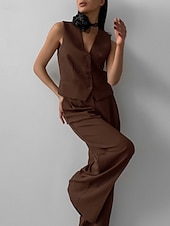 abordables Ensembles chemisiers pour femmes-Femmes Actif Chemisier Ensembles de Pantalons Sans manches Col en V Couleur Unie Dubbele Rij Knopen Date Week-end Marron Été Coupe régulière