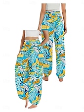economico Pantaloni in cotone e lino con grafica-Per donna Pantaloni ispirati al lino Gamba larga Pantaloni Stile Etnico Casual Boho Lunghezza intera Vita Alta Floreale Foglia Tropicale Tasca Elastico in vita Stampa Traspirabilità Morbido