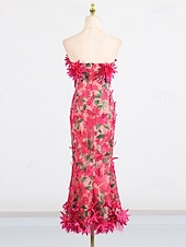 abordables Robes de cocktail-Robes Fourreau  Colonne Robe Rose Fuchsia Invité de Mariage Robe de Cocktail Sans Manches Sans Épaule Fleurs avec Dentelle Brodée