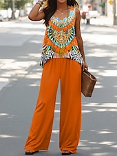 preiswerte Zweiteilige Sets-Damen Hosen-Sets Urlaub täglich ärmellos Rundhals U-Ausschnitt grafische geometrische lässig täglich Blau Lila Orange Sommer lockere Passform