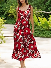 preiswerte Blumenkleider-Damen Midikleid Sommerkleid A Linie Kleid Schulterfreies Kleid Urlaub Lässig Formpassend Blumen Grafik Ärmellos U-Ausschnitt Rundausschnitt Gelb Rote Blau Purpur Sommer