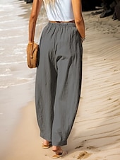 cheap Plain Cotton Linen Pant-Women&#039;s Cotton Linen Pants Baggy Pants Solid Color Vintage Fashion Streetwear Full Length High Waist Plain Pocket Elastic Waistband Comfy Soft Comfortable Micro-elastic Outdoor Vacation Street