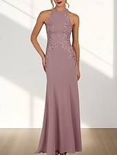economico Abiti da damigella-Abito da damigella a sirena / tromba, scollo a giro / collo all&#039;americana, senza maniche, elegante, in chiffon con strascico a ruota e applicazioni 2025
