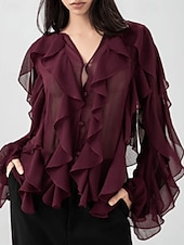 abordables Hauts sexy pour femmes-Femmes Chemise Chemisier Uni Élégant Moderne manche longue Col en V Hauts Réguliers Fête Sortir Superposé Vin Été