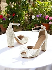 cheap Wedding Sandals-Women&#039;s White Glitter Block Heel Wedding Sandals with Ankle Strap and Satin Bow – Elegant Open Toe Bridal Shoes for Garden Ceremonies and Outdoor Events