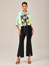 cheap Shirts,Tops &amp; Blouses-Gradient Background Palm Tree Tie-Front Top  Casual Vacation Style