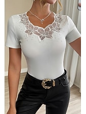 ieftine Topuri din dantelă-Pentru femei Bluză Topuri din dantela Simplu Elegant Modern Manșon scurt Stil Nautic Topuri obișnuite Concediu Ieșire Dantelă Negru Alb Vară