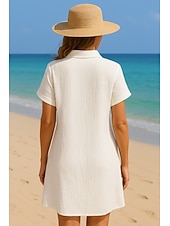 cheap Plain Dress-Women's Mini Dress Shirt Dress Winter Dress Casual Vacation Regular Fit Plain Short Sleeve V Neck Blue Black White Yellow Summer