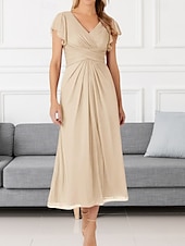 cheap Wedding Guest Dresses-A-Line Wedding Guest Dresses Elegant Dress Wedding Guest Engagement Tea Length Short Sleeve V Neck Chiffon with Pleats Ruched
