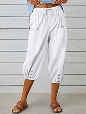 cheap Plain Cotton Linen Pant-Women&#039;s Capri Pants Solid Color Chinos Fashion Ethnic Style Basic Calf-Length High Waist Plain Pocket Drawstring Comfort Outdoor Micro-elastic Vacation Street Daily Black White Khaki Light Blue