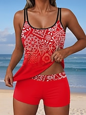 billiga Tankinis-Kvinnors Baddräkter Tankini 2 Delad Shorts Baddräkt Rygglös Semester Strand Kläder Ombre Grafisk U-Hals Ärmlös Badkläder