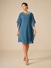 preiswerte abendkleider-Damen Knielanges Kleid Chiffonkleid Elegant Party Einfarbig Halbarm Rundhalsausschnitt Blau Sommer Frühling Herbst