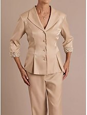 preiswerte Hosenanzüge für Mama-Zweiteiliger Hosenanzug Brautmutteranzug Elegant Einfach Minimalistisch V-Ausschnitt Knöchellang Stretch-Satin 3/4-Länge Ärmel mit Perlen 2025