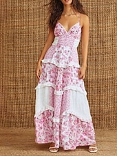 economico Abiti boho-Per donna Abito Lungo Maxi Abito Abito Sottoveste Abito Boho Abito occidentale Classico Vacanza Data Uscire Vestibilità regolare Fiore Senza Maniche Spalline sottili Rosa cipria Rosa Estate