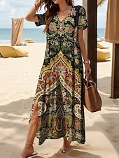 abordables Robes Boho-Femmes Robe Midi Robe d&#039;Été Robe trapèze Robe d&#039;été Vacances Occasionnel Coupe Ample Fleuri Graphique Vintage Manche Courte Col en V Jaune Rouge Bleu Violet Été Printemps Automne