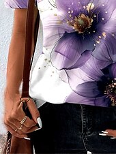 billige Blomster t-skjorte-Dame T skjorte Blomstret Grafisk Årgang Stilfull Fritid Kortermet Crew-hals Rund hals Vanlige topper Daglig Trykt mønster Lilla Sommer Vår