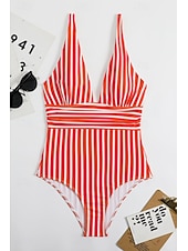 abordables Maillots de bain une pièce-Femmes Maillots de Bain Une Pièce Maillot de bain Dos nu Tropical Tenues de plage Rayé Fil en V Sans manches Maillots de bain