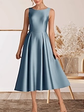abordables Robes de cocktail-Robe cocktail A-Line élégante robe de retour à la maison cocktail party longueur thé sans manches col rond satin avec plis