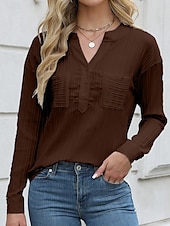 preiswerte Damen Einfache Oberteile-Damen Bluse Einfarbig Stilvoll Lässig Langarm V Ausschnitt Normale Oberteile Täglich Knöpfe Tasche Schwarz Weiß Braun Aprikose Sommer Frühling