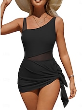 voordelige One Pieces &amp; Tankinis-Dames Zwempak Zwemjurkjes Netstof Buikcontrole Zwemkleding Effen Zwemkleding Zwart Ademend Sneldrogend Lichtgewicht Mouwloos - Zwemmen Surfen Strand Zomer Lente