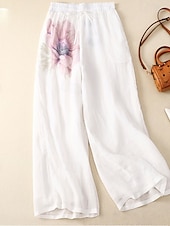 baratos Calça de linho de algodão simples-Mulheres Calças de linho de algodão Calças Roupa de rua Casual Comprimento total Natural Flor Estampado Design de cordão elástico Confortável Exterior Rua Final de semana Laranja Avermelhado Cinzento
