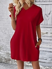preiswerte Weißes Kleid-Damen Mini Kleid T-Shirt Kleid Tee Kleid einfarbig Sommer Kleid lässig täglich reguläre Passform Grafik Kurzarm V-Ausschnitt Schwarz Rot Olivgrün Aprikose Sommer