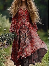 tanie Sukienki boho-Damskie Sukienka maxi Sukienka letnia Plisowana sukienka Urlop Codzienny Boho Wyjściowe Plaża Luźny / a Graficzny W Tureckie Wzory Długi rękaw W serek Głęboka zieleń Czarny Czerwony Niebieski Lato