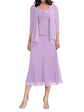 abordables Longueur du plancher-Ensembles de Robes Robe de Mère de Mariée  Élégant Simple Col carré Longueur thé Polyester Manche 3/4 avec Couleur Unie 2025