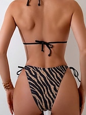 abordables Ensemble de bikinis-Femmes Maillots de Bain Bikini 2 pièces Maillot de bain Dos nu Tropical Tenues de plage Motif Zèbre Col Halter Sans manches Maillots de bain
