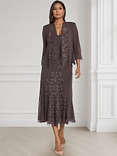 economico Con giacca-Due Pezzi Linea ad A Abito da cerimonia per signora Formale Ospite di nozze Elegante Collo quadrato Lunghezza al pavimento Chiffon Manica Lunga Con Stola con Pizzo A balze Ricamo 2025