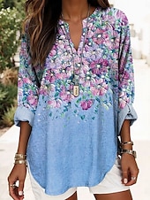 economico Top Floreali-Blusa boho da donna floreale grafica elegante stilosa maniche lunghe collo a V top regolari quotidiani stampa blu viola verde estate primavera