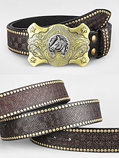 cheap Men&#039;s Belts-Men&#039;s Western Style Leather Belt with Eagle Buckle – Vintage Embossed Design with Rivets, Ideal for Casual and Country Wear