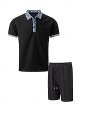 cheap Sports-Men&#039;s Waffle Polo Shirts Golf Shirt Work Casual Lapel Short Sleeve Basic Modern Color Block Patchwork 2 Piece Summer Regular Fit Black White Royal Blue Khaki Gray Waffle Polo Shirts