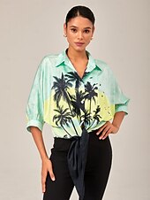 cheap Shirts,Tops &amp; Blouses-Gradient Background Palm Tree Tie-Front Top  Casual Vacation Style