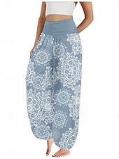 billiga Grafisk linnebyxa i bomull-Dam Linneinspirerade byxor Brett skaft Byxor Etnisk Stil Ledigt Boho Fullängd Hög midja Blommig Paisley Ficka Elastisk midja Tryck Mateial som andas Mjuk Microelastisk Utomhus Yoga Röd Blå Mörkgrön