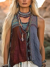 preiswerte Boho Tops-Damen Westernbluse Boho-Hemd Bluse Farbblock Blume Lässig Boho Ärmellos V Ausschnitt Normale Oberteile Täglich Ferien Patchwork Druck Wein Blau Purpur Fuchsie Grün Sommer