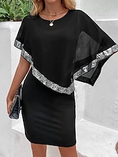 abordables Longueur du thé-Robe Mère de la Mariée Sirène  Trompette Élégante Vintage Simple Col Rond Longueur Thé Chiffon Manches Courtes avec Sequins Robe Midi 2025