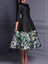 abordables Robes de cocktail-Robe cocktail élégante en A brodée floral robe formelle mariage longueur cheville manches longues col crew satin avec fente