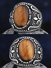 abordables Bijoux pour hommes-Bague vintage en acier inoxydable pour homme avec pierre œil de tigre, design tribal en argent antique, bague audacieuse, adaptée aux occasions décontractées et formelles