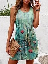 preiswerte Blumenkleider-Damen Minikleid Freizeitkleid Sommerkleid A Linie Kleid Schulterfreies Kleid Urlaub Lässig Boho Party Ferien Normale Passform Ombre Blumen Grafik Ärmellos U-Ausschnitt Salbeigrün Sommer