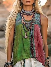 preiswerte Boho Tops-Damen Westernbluse Boho-Hemd Bluse Farbblock Blume Lässig Boho Ärmellos V Ausschnitt Normale Oberteile Täglich Ferien Patchwork Druck Wein Blau Purpur Fuchsie Grün Sommer