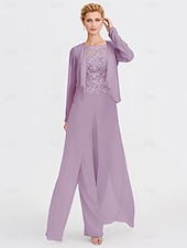 abordables Combinaisons pour maman-Ensemble jumpsuit  pantalon en deux pièces de mariage à la plage mère de la mariée invitée de mariage formelle élégante wrap inclus col bateau longueur sol chiffon manches 3/4 avec appliques 2025