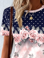 abordables T-shirt floral-Femmes T-shirt Fleuri Graphique À pois ancien Élégant Classique Manche Courte Col ras du cou Col rond Hauts Réguliers Quotidien Imprimé bleu marine Été
