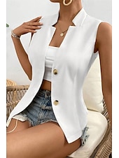 billige Enkel tank topp-Dame linskjorte Bluse Bomull lin vest عادي Fritid Ermeløs V-hals Vanlige topper Daglig Ut på byen Knapper Svart Hvit Champagne Sommer