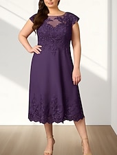 abordables Longueur du thé-Robe Mère de la Mariée A-Line Invité de Mariage Élégante Col Ronde Mi-Longue en Chiffon À Manches Courtes avec Appliques Robe Midi 2025